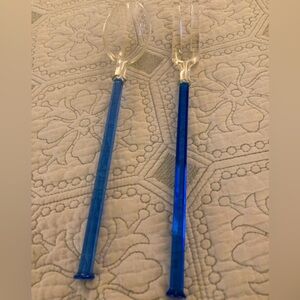 Vintage Set of Depression Blue Glass Spoon/Fork Serving Set Crystal 9” long EUC